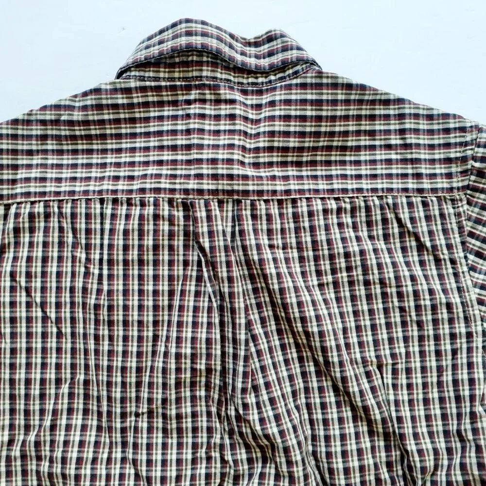 Gap Boys Shirt Button Down Red Tan Green Plaid Short Sleeve XS